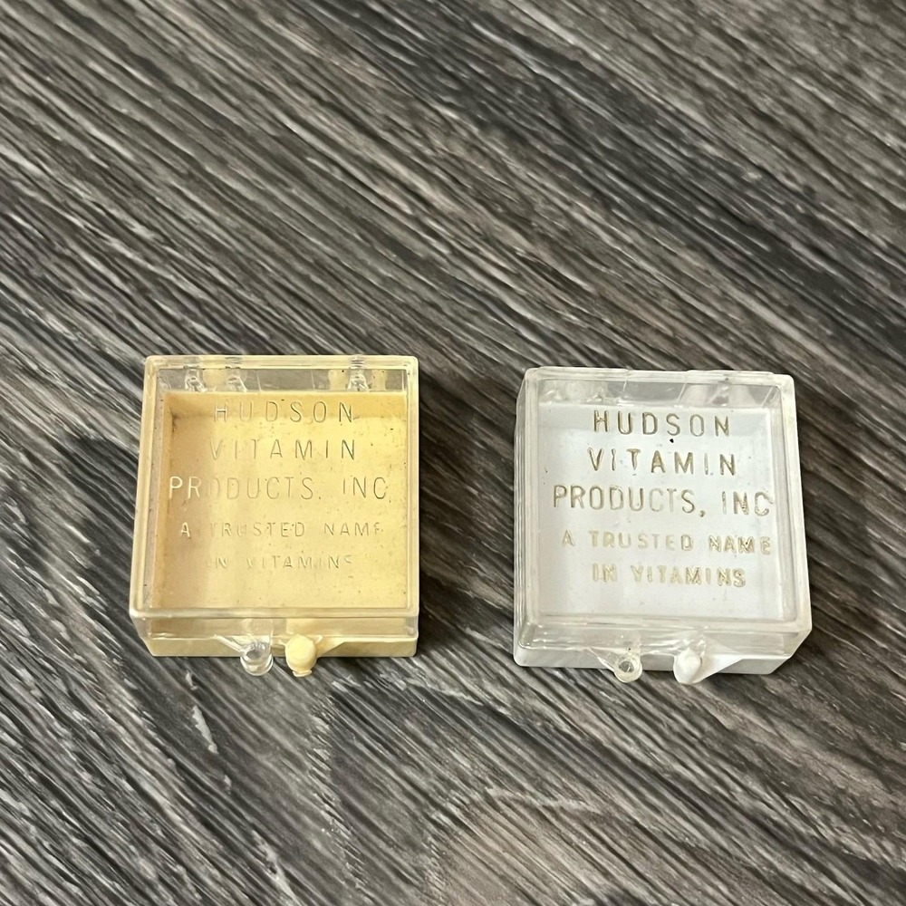Vintage Hudson Vitamin Products Empty Plastic Pill Box Lot Of 2 Drug Advertising